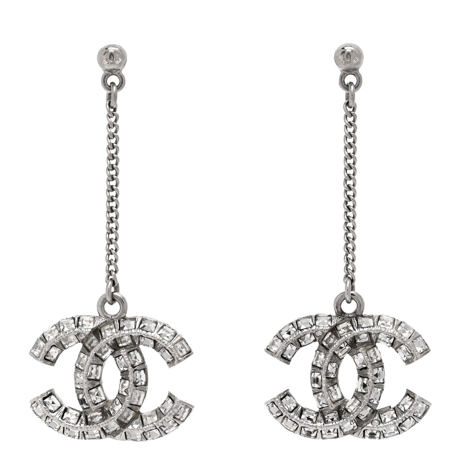 Chanel Baguette Crystal CC Drop Earrings Silver 1 of 5