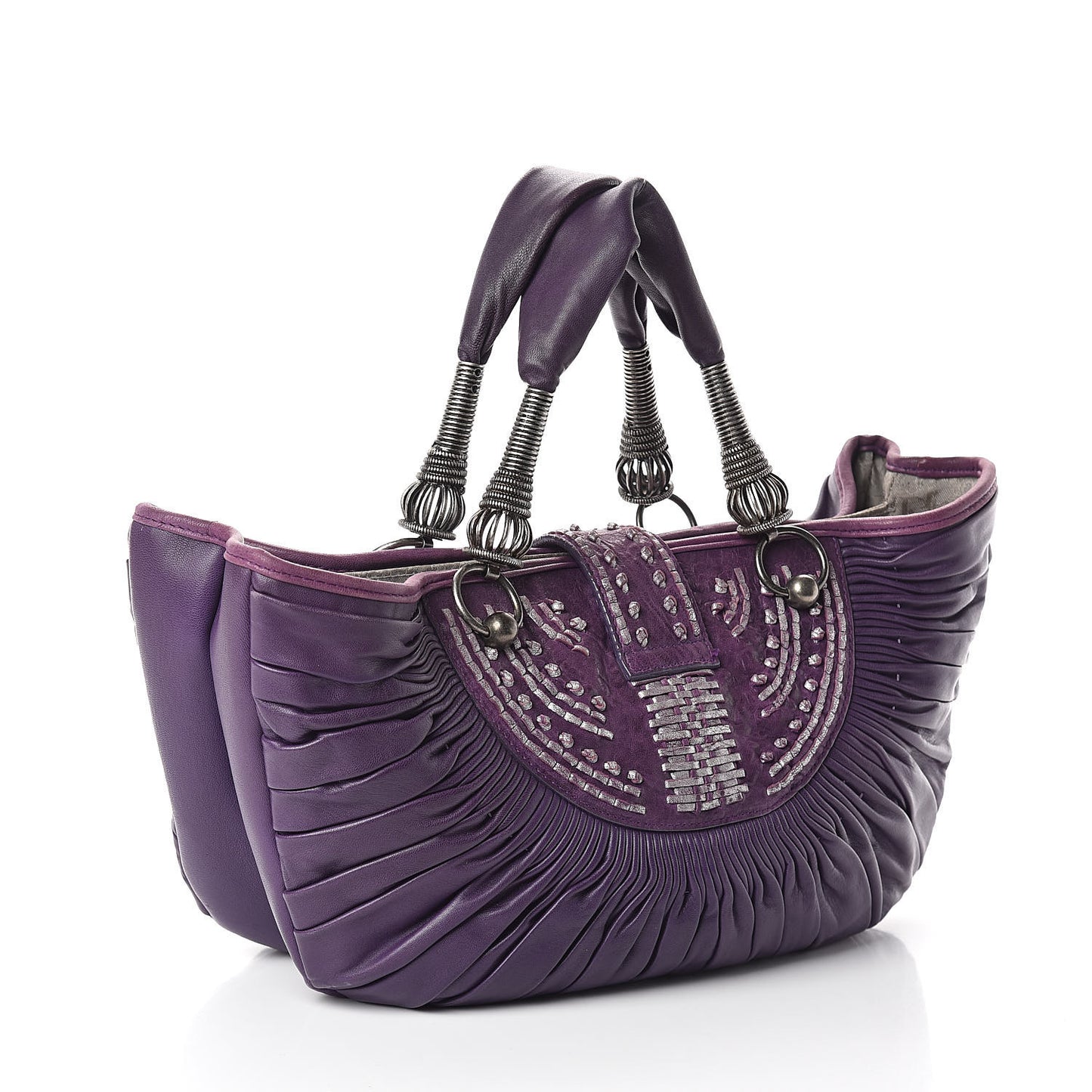 Lambskin Plisse Pleated Basket Tote Bag Violet Fonce