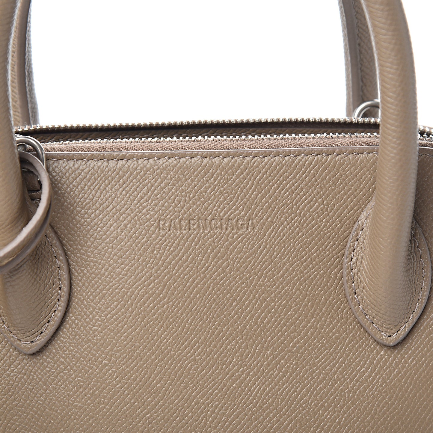 Signature Grained Calfskin Logo S Ville Top Handle Bag Mink Grey White