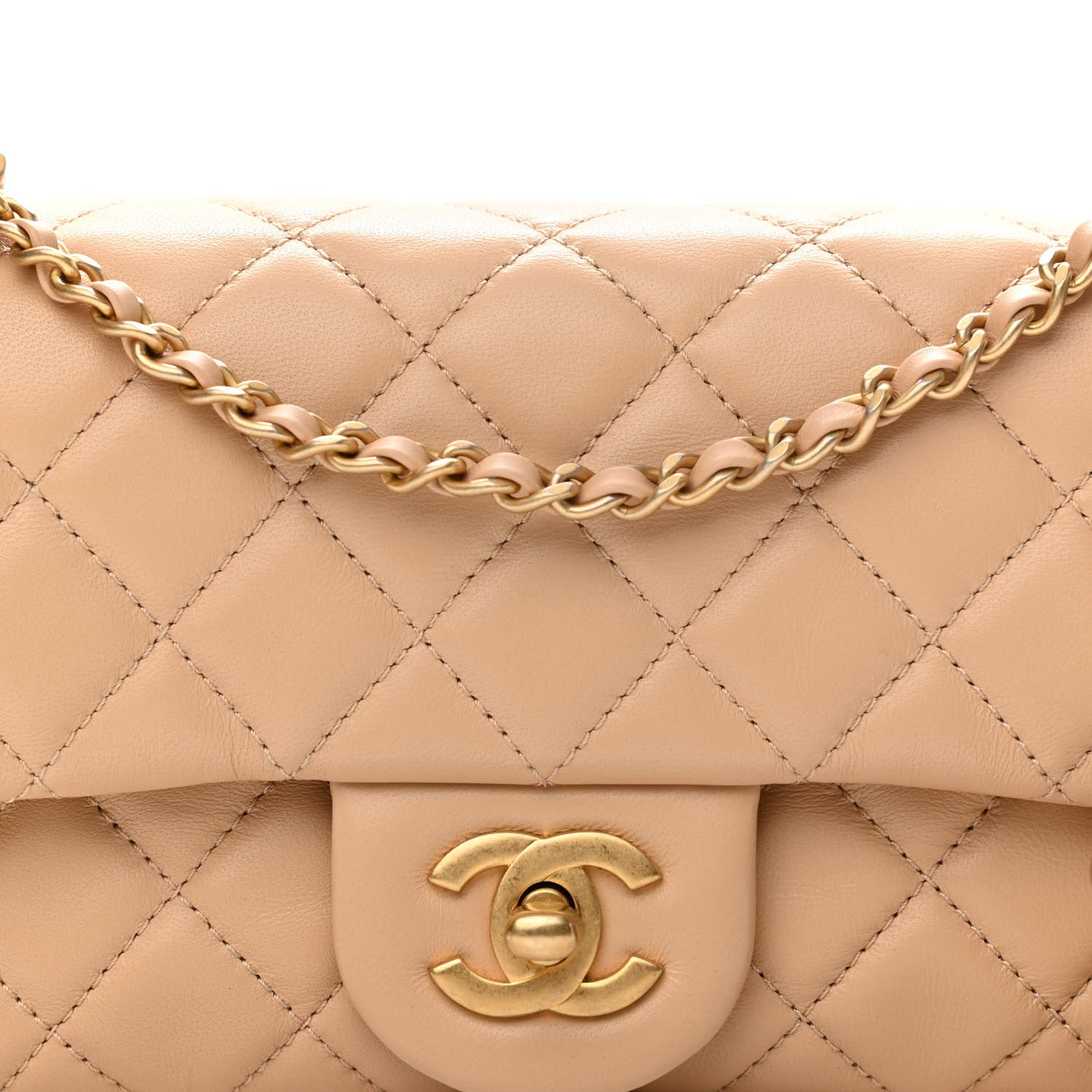 Lambskin Quilted Mini Rectangular Pearl Crush Flap Beige