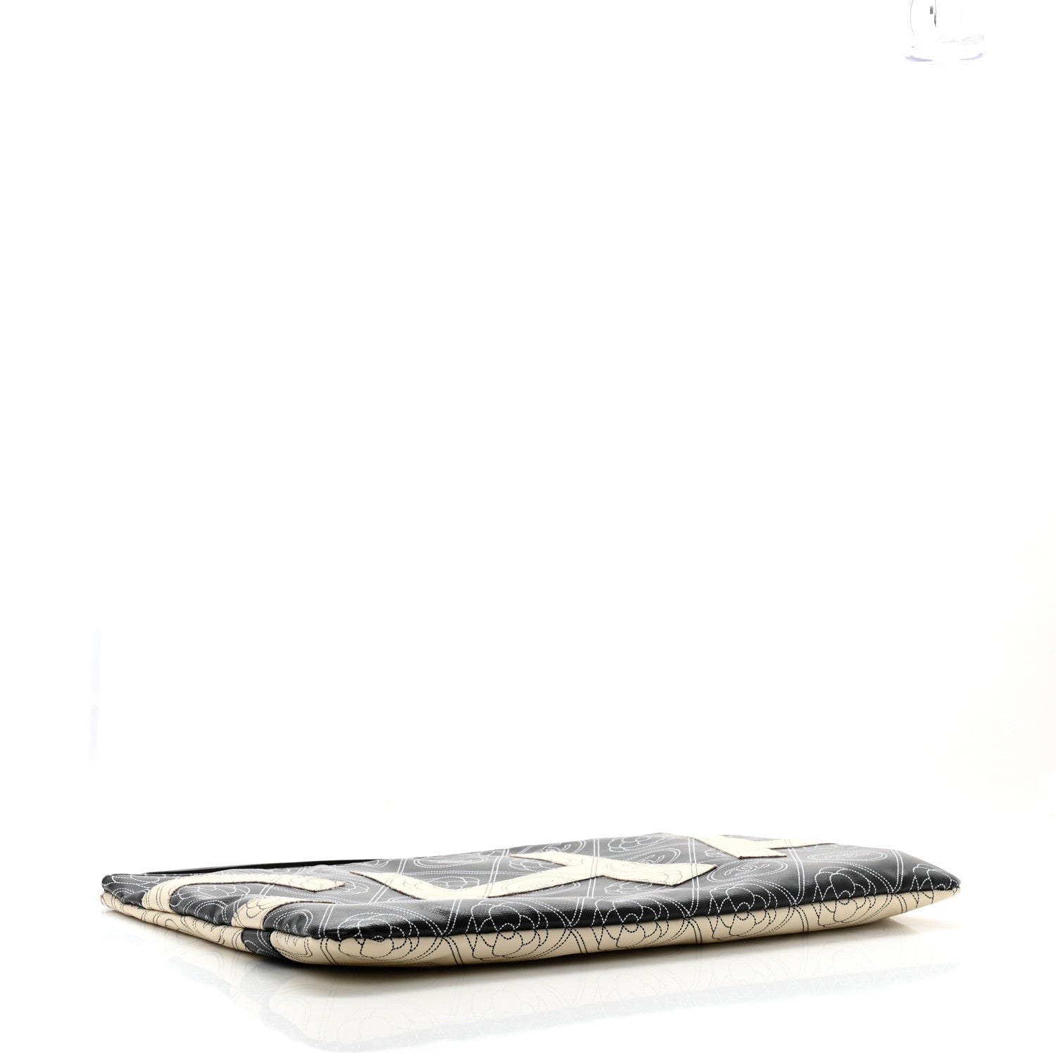 Chanel Coated Canvas Calfskin Camellia Printed Pouch Black Beige 4 of 8