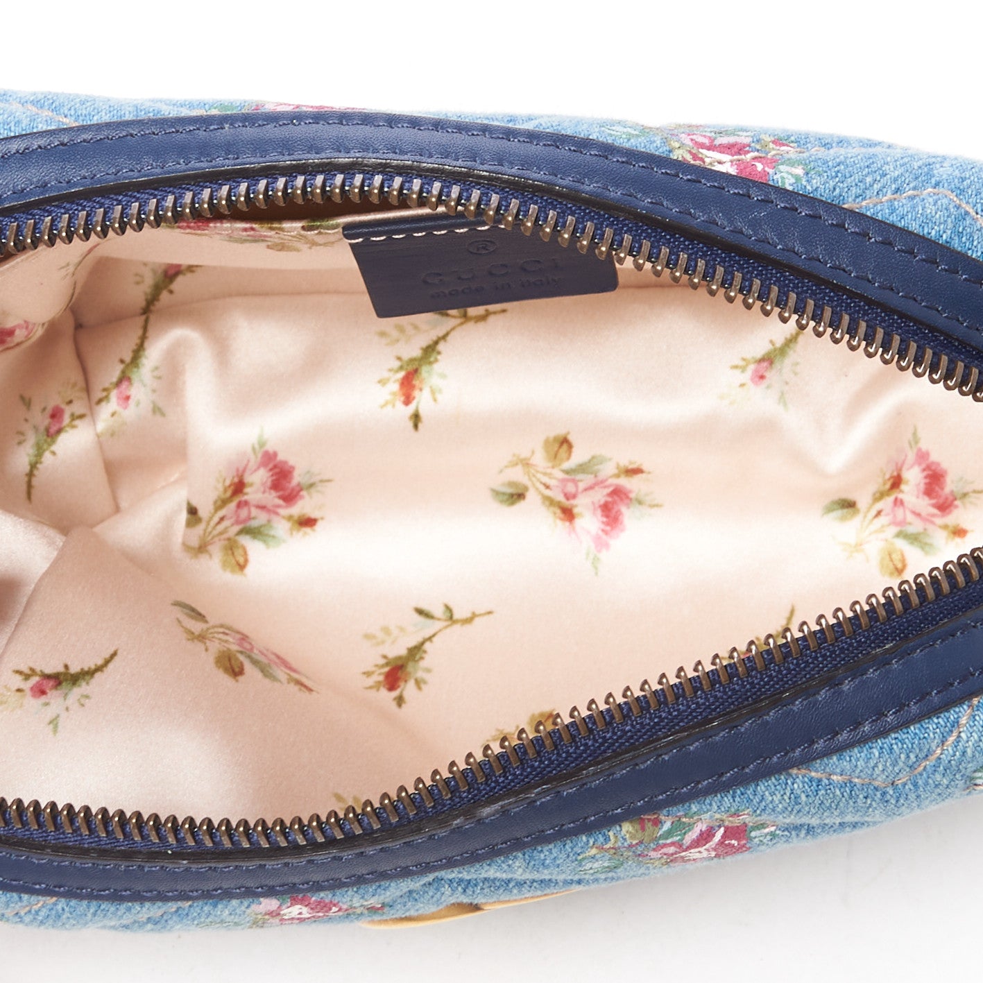 Denim Matelasse Flora GG Marmont Cosmetic Case Blue