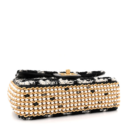 Chanel Tweed Quilted Mini Side Pearl Flap Bag Black Ecru White 4 of 12