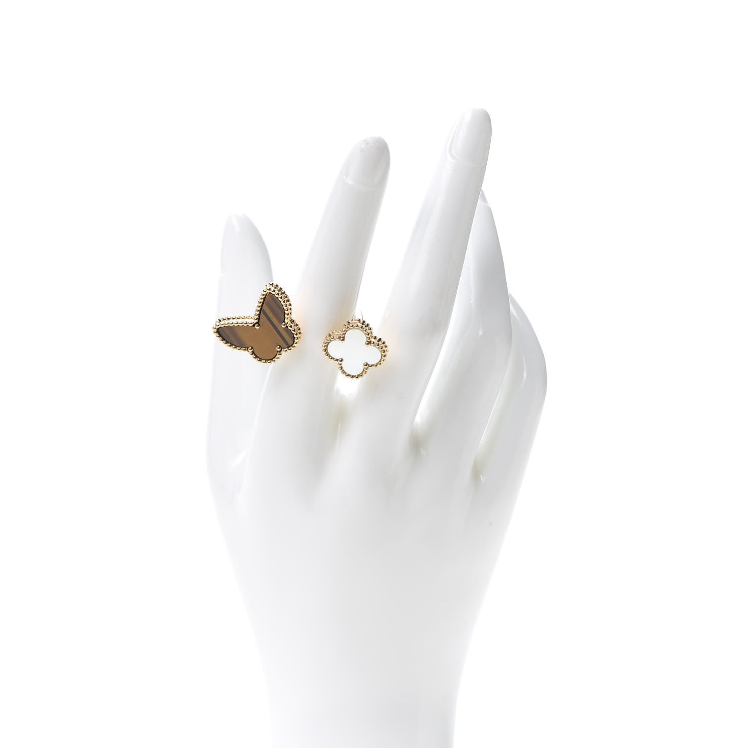 Van Cleef & Arpels 18K Yellow Gold Mother of Pearl Tiger Eye Lucky Alhambra Between the Finger Ring 54 6.75 2 of 7