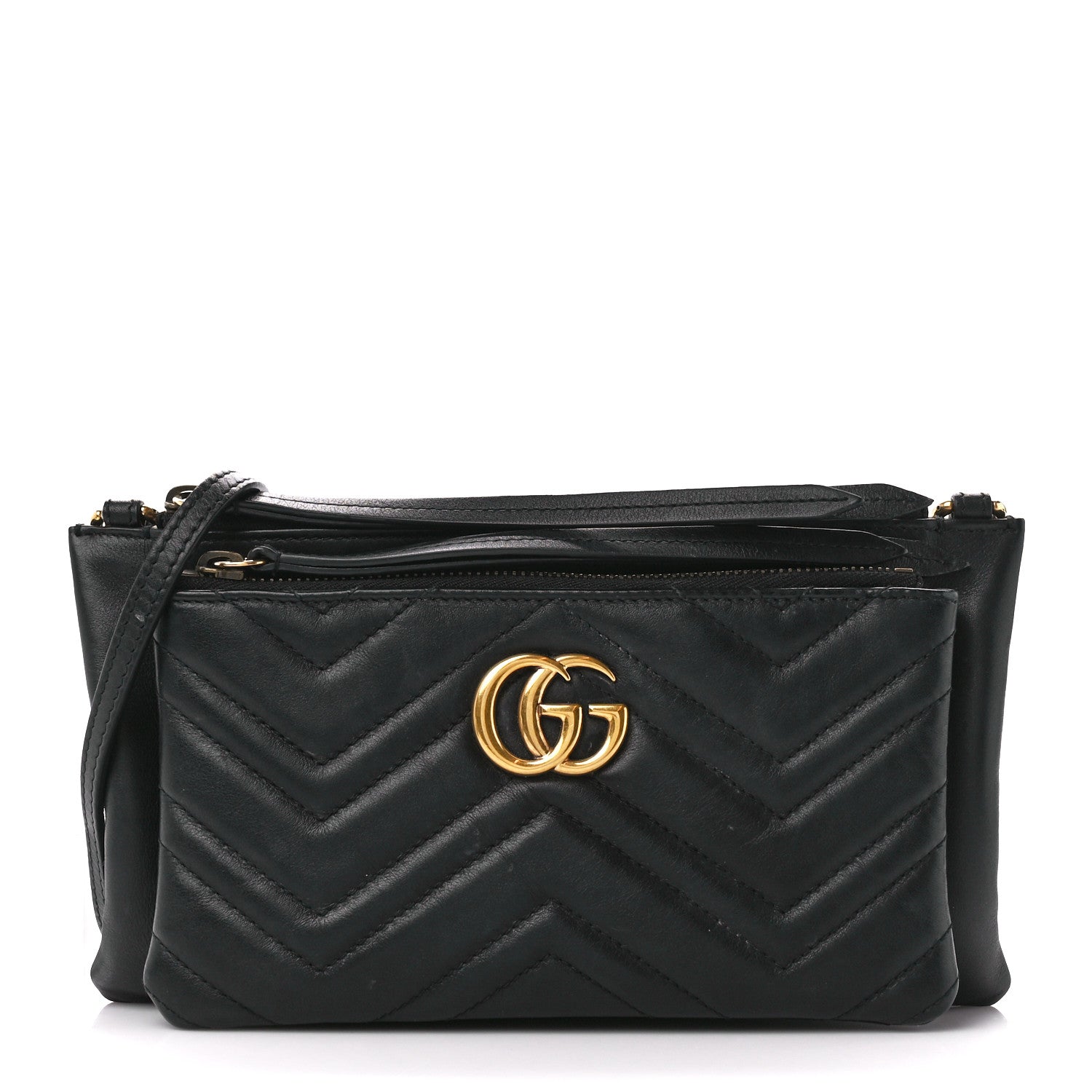 Gucci Calfskin Matelasse Small GG Marmont Double Zip Shoulder Bag Black 1 of 14