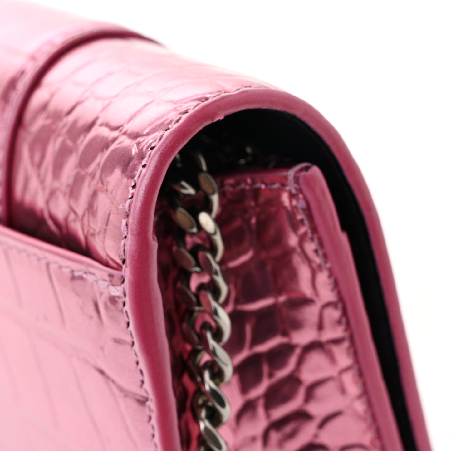 Metallic Shiny Calfskin Crocodile Embossed Hourglass Chain Bag Pink