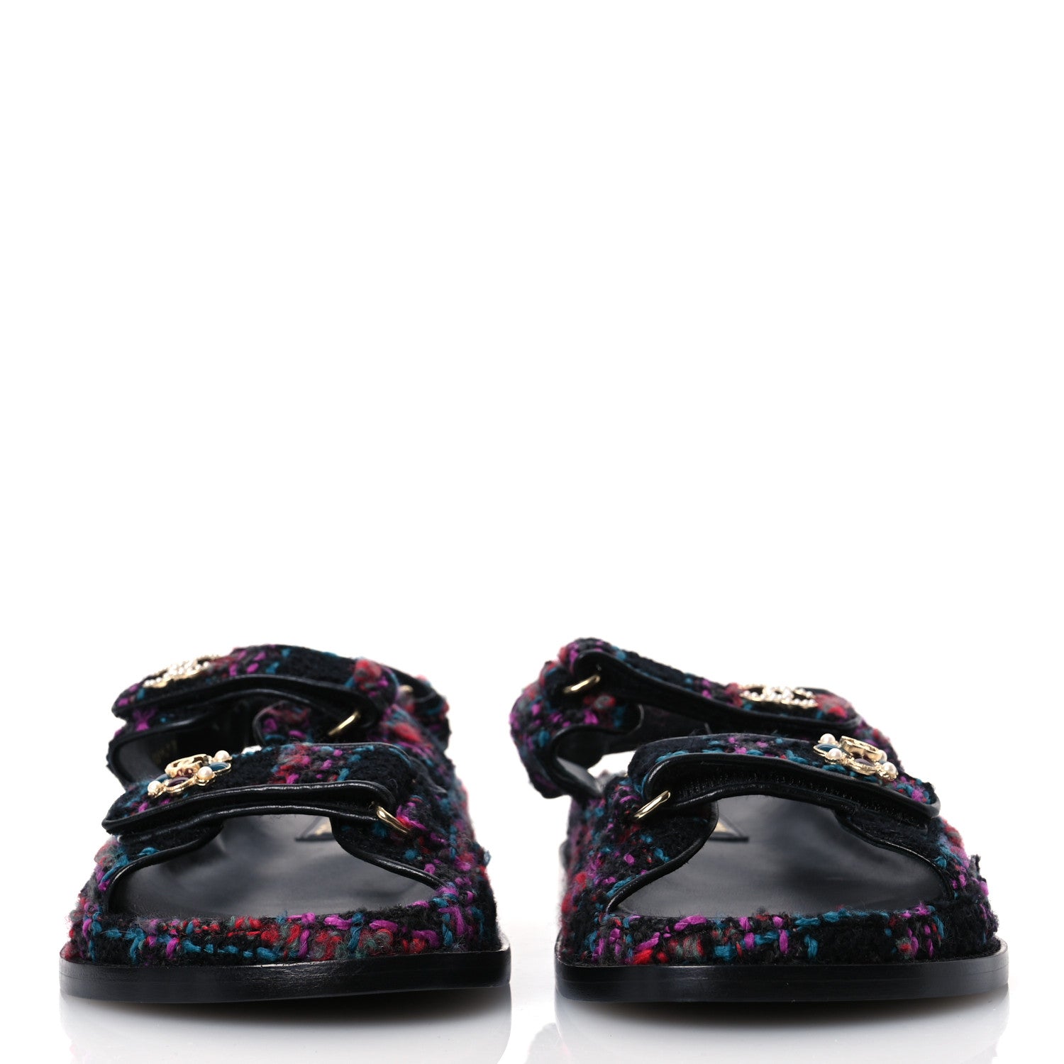 Chanel Wool Tweed Velcro Dad Sandals 41 Black Purple Green Red 3 of 16