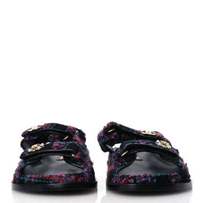 Chanel Wool Tweed Velcro Dad Sandals 41 Black Purple Green Red 3 of 16