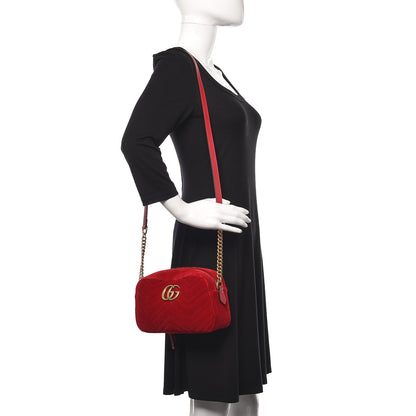 Gucci Velvet Matelasse Small GG Marmont Chain Shoulder Bag Hibiscus Red 2 of 11