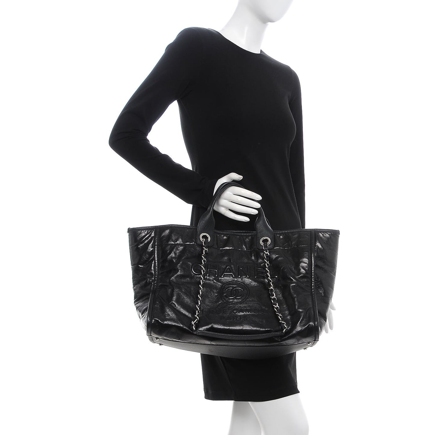 Glazed Calfskin Large Deauville Tote Black
