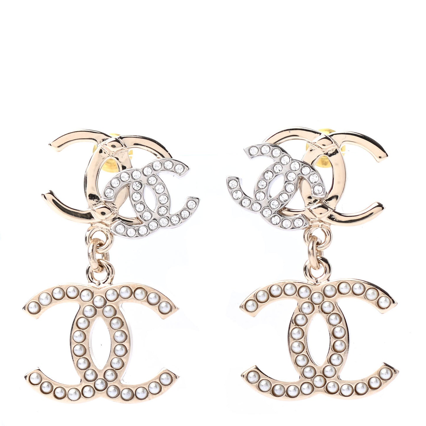 Crystal Pearl Double CC Drop Earrings Gold Silver