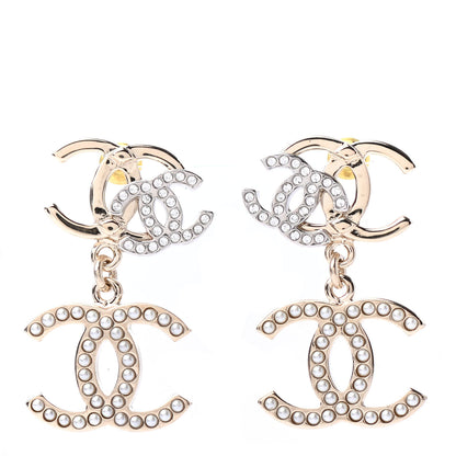 Chanel Crystal Pearl Double CC Drop Earrings Gold Silver 1 of 4