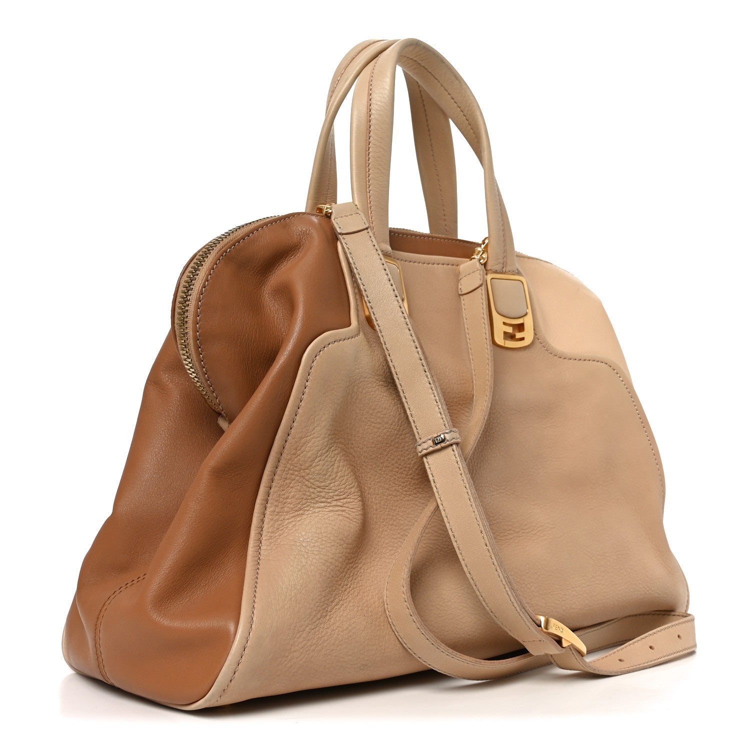 Fendi Capra Vitello Dolce Marmol Colorblock Large Chameleon Tote Cipria Makeup Camel 3 of 10
