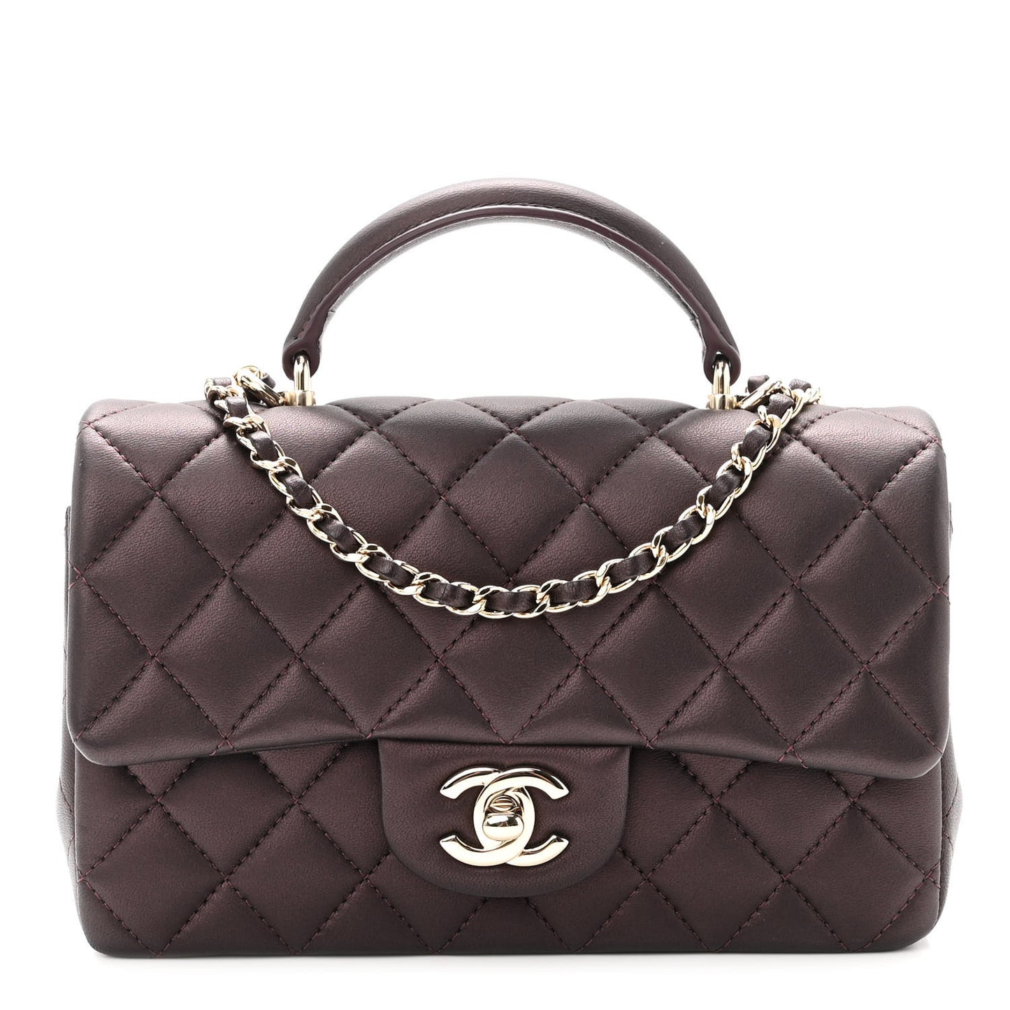 Iridescent Lambskin Quilted Mini Top Handle Rectangular Flap Burgundy