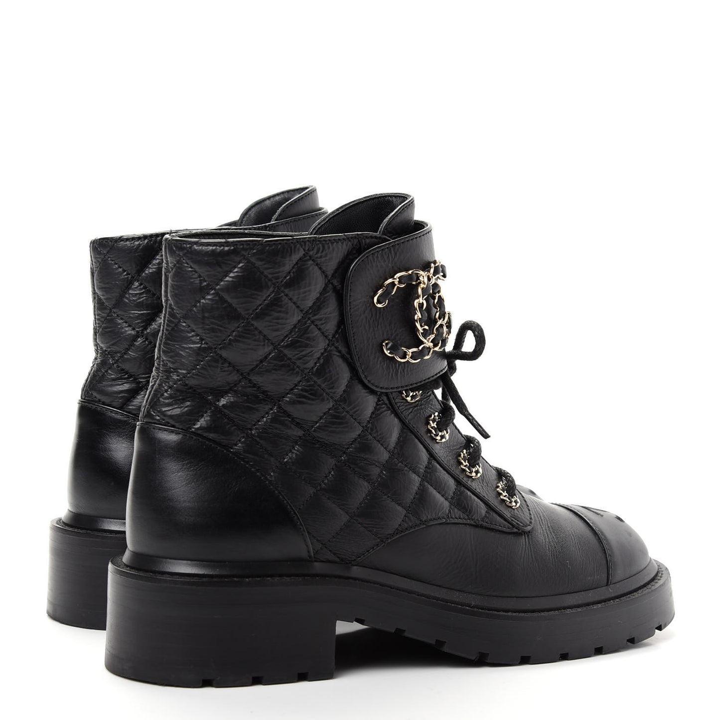 Shiny Goatskin Calfskin Quilted Lace Up Combat Boots 38 Black