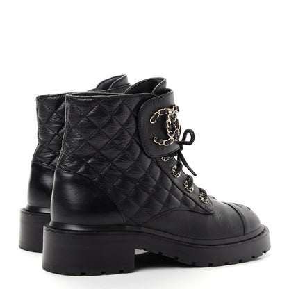 Chanel Shiny Goatskin Calfskin Quilted Lace Up Combat Boots 38 Black 4 of 10