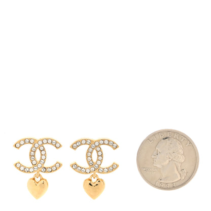Chanel Metal Crystal CC Heart Drop Earrings Gold 2 of 5