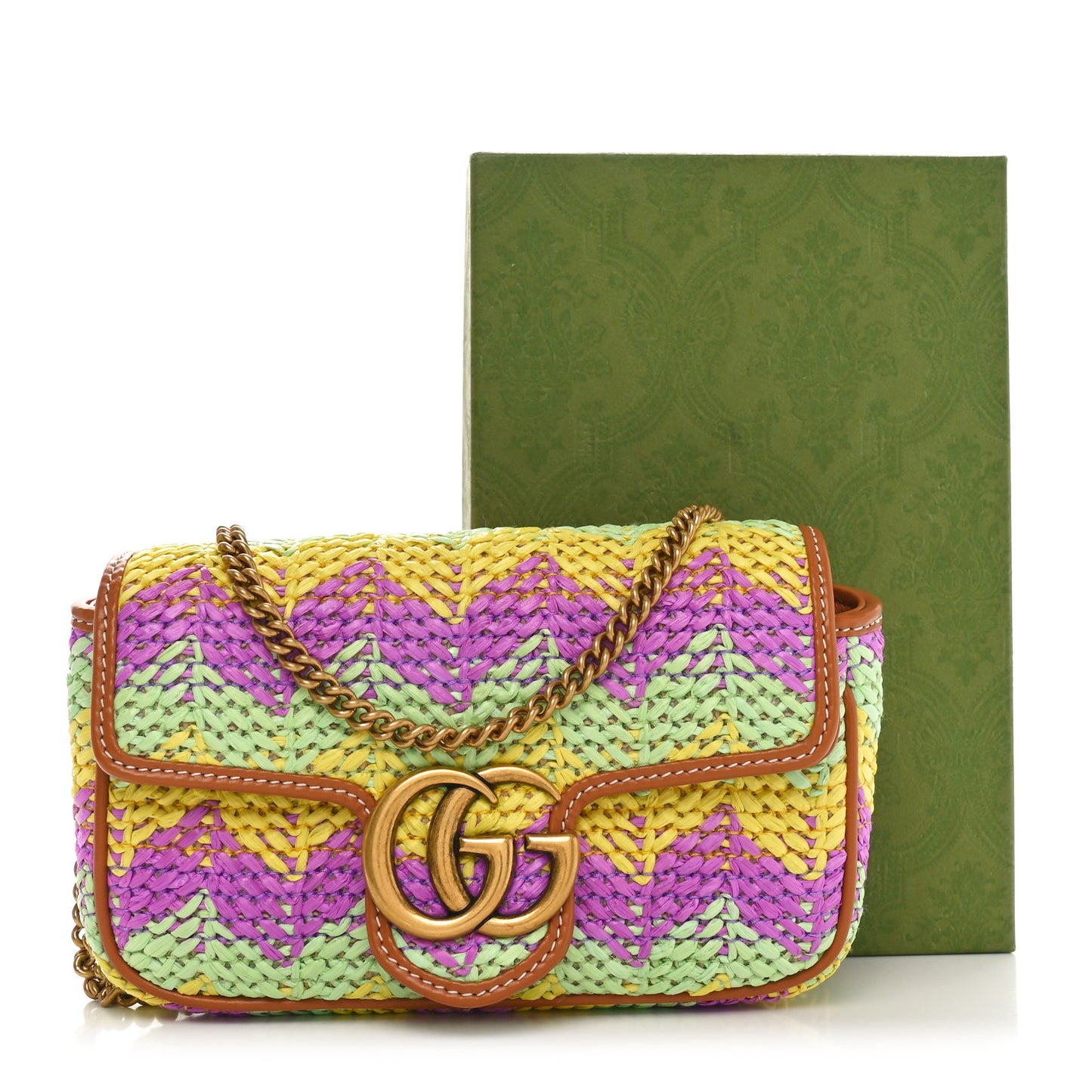 Woven Raffia Calfskin Super Mini GG Marmont Shoulder Bag Multicolor