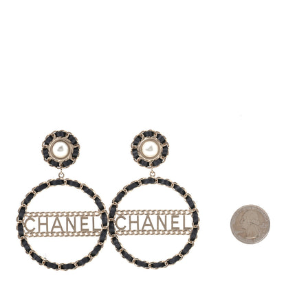 Chanel Pearl Lambskin Chain Logo Hoop Clip On Earrings Black Gold 2 of 4