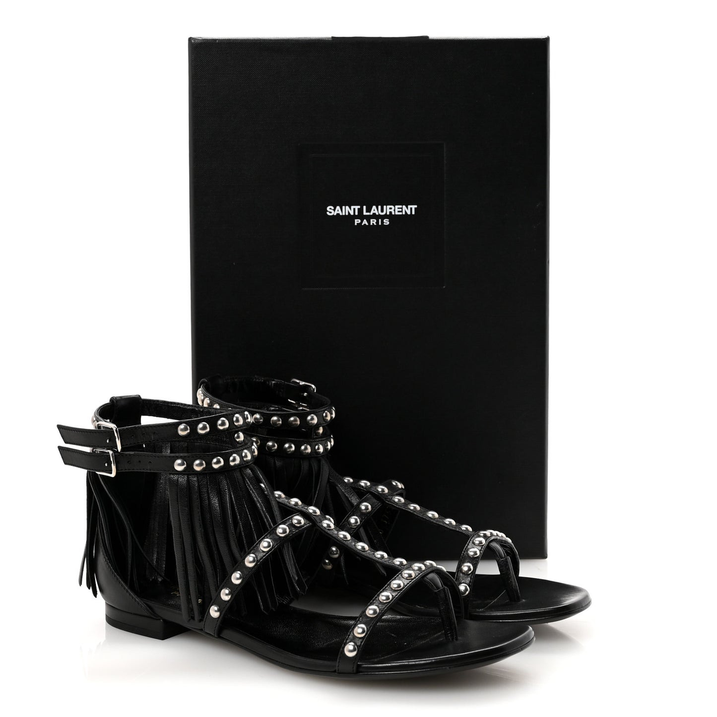 Calfskin Studded Fringe Cyuko Sandals 36.5 Black