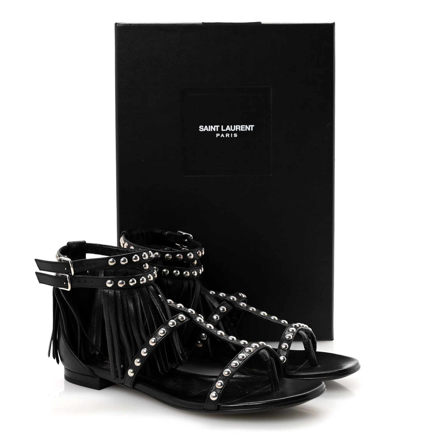 Saint Laurent Calfskin Studded Fringe Cyuko Sandals 36.5 Black 10 of 10