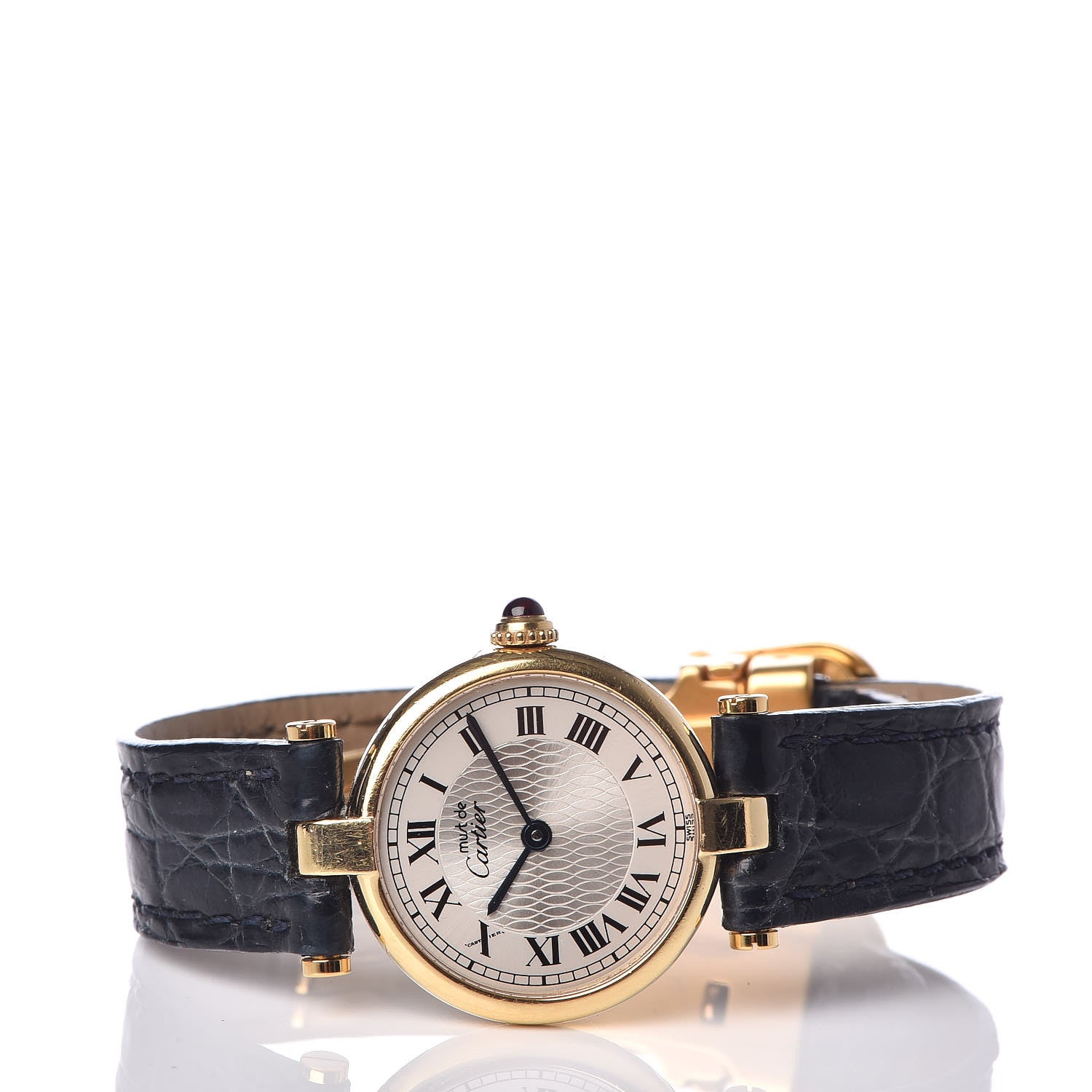 Cartier Sterling Silver Vermeil Alligator 23mm Must De Cartier Round Quartz Watch Blue 3 of 7