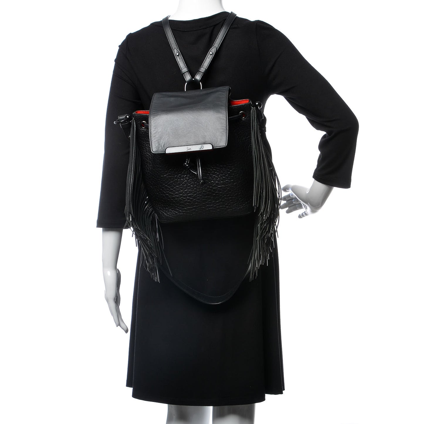 Pebbled Calfskin Fringe Lucky L Convertible Backpack Black