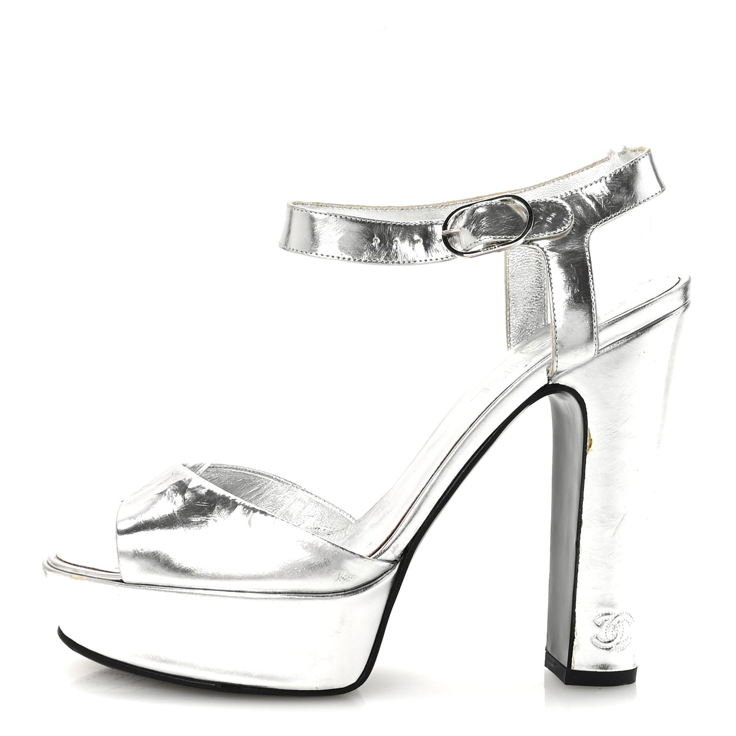 Metallic Laminated Calfskin CC Platform Sandals 40 Silver