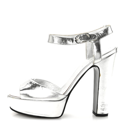 Chanel Metallic Laminated Calfskin CC Platform Sandals 40 Silver 1 of 9