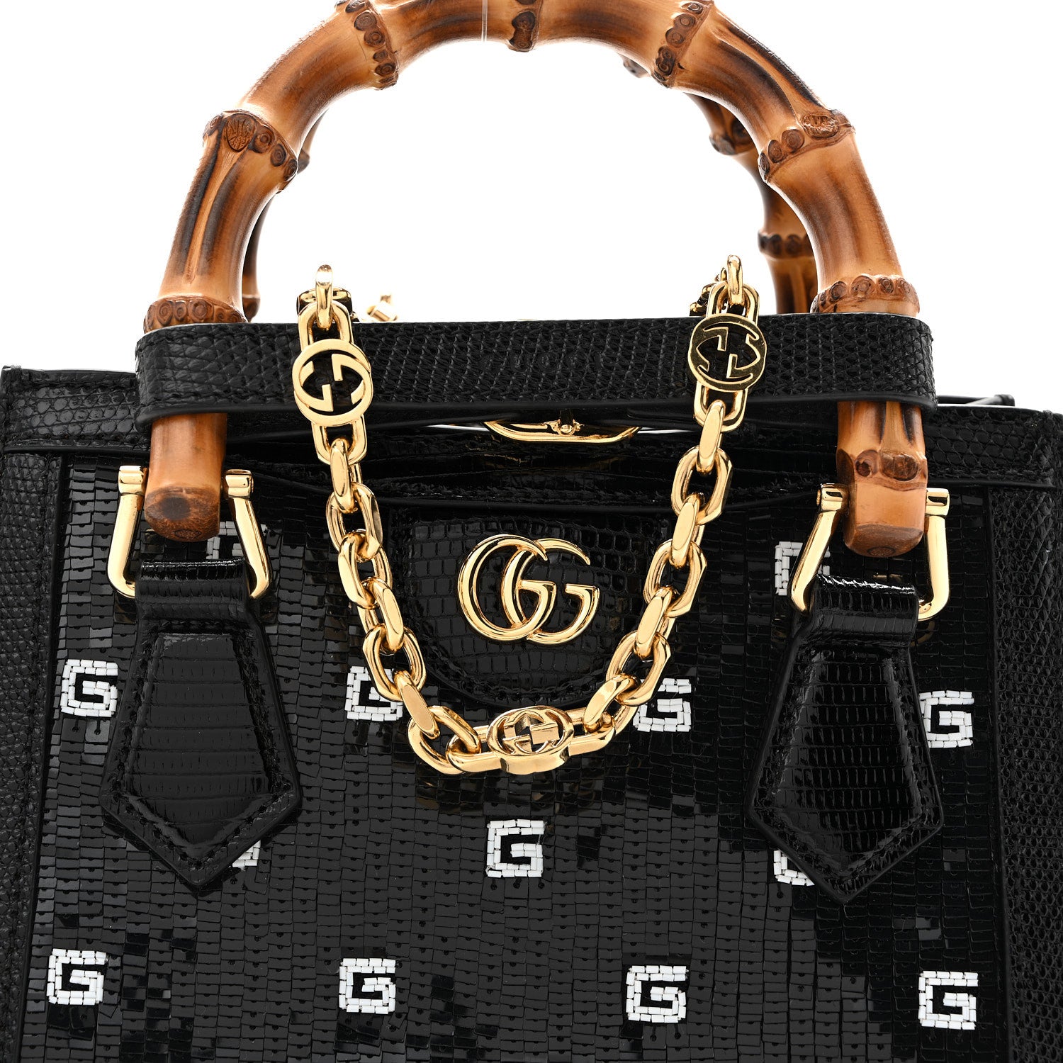 Gucci Lizard Sequin GG Monogram Mini Diana Tote Bag Black 7 of 10