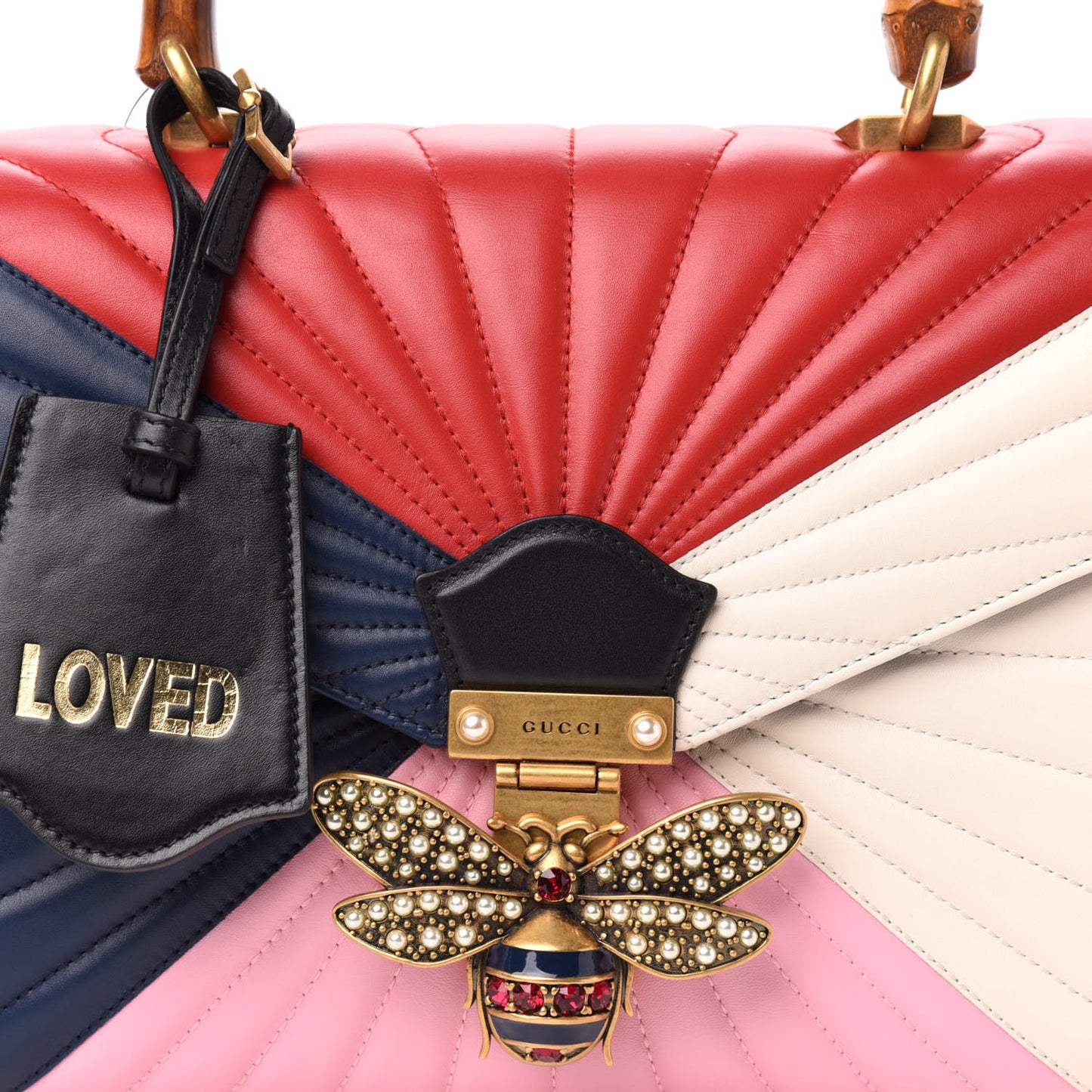 Calfskin Bamboo Trapuntata Queen Margaret Top Handle Bag Blue Agata Hibiscus Red Mystic White Sugar Pink