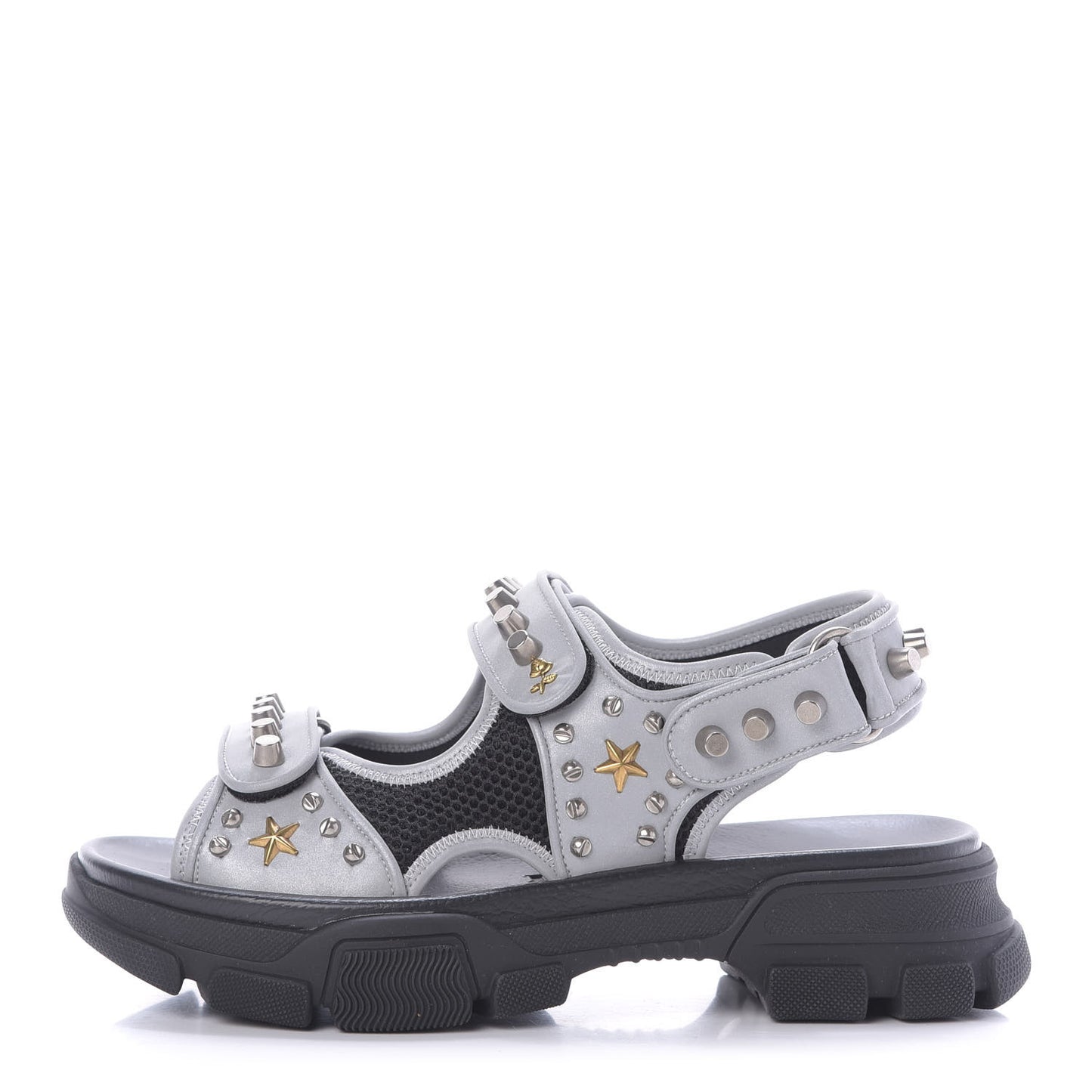 Technical Canvas Calfskin Reflective Studded Mens Aguru Sandals 8 Silver Black