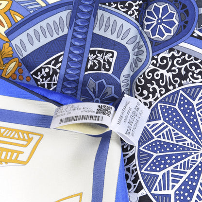 Hermes Silk Tapis De Selle Scarf 90 Vanille Bleu Royal Gold 5 of 5