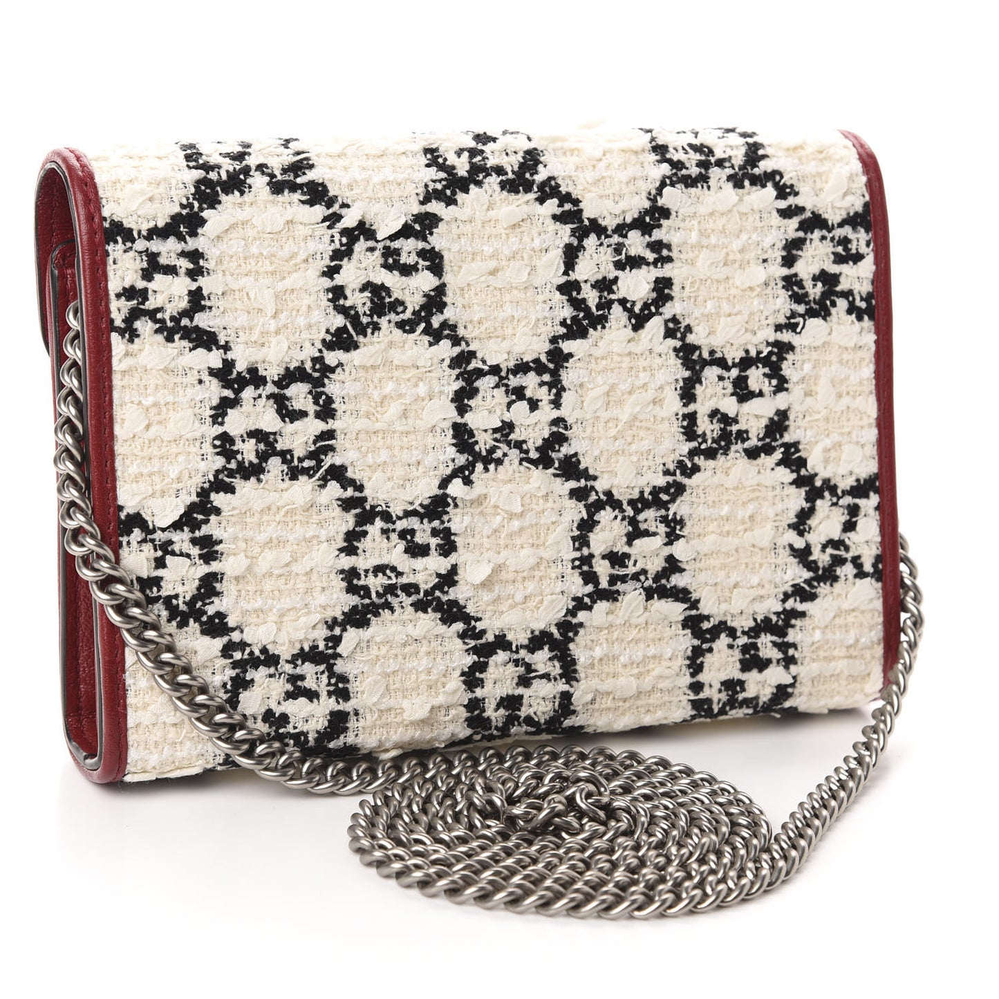 Tweed GG Monogram Mini Dionysus Chain Wallet White Black Romantic Cherry