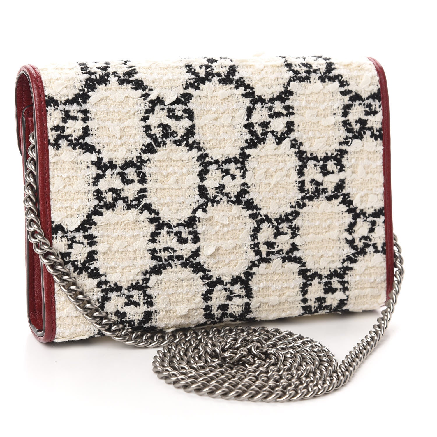 Gucci Tweed GG Monogram Mini Dionysus Chain Wallet White Black Romantic Cherry 3 of 10