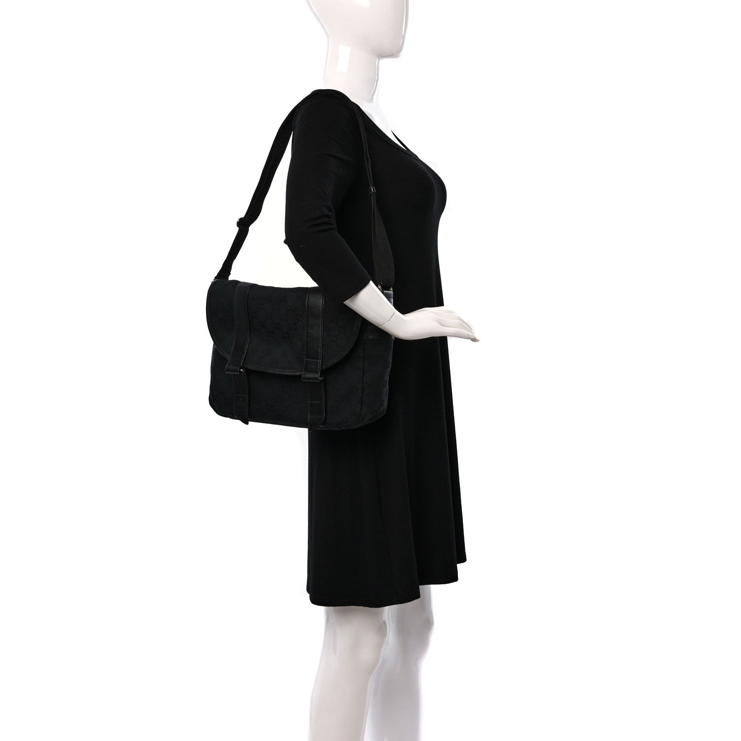 Gucci Monogram Medium Double Buckle Flap Messenger Bag Black 2 of 9