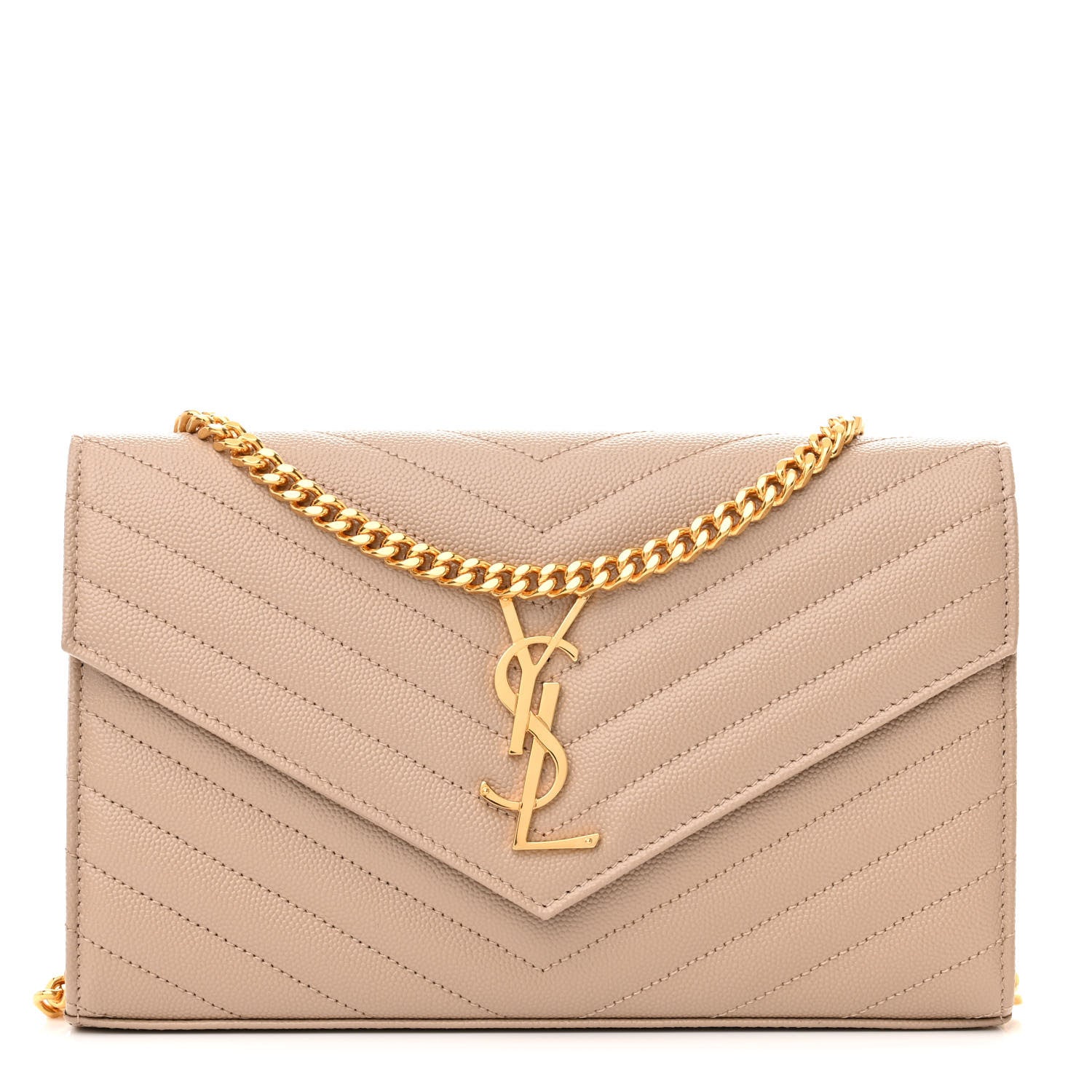 Saint Laurent Grain De Poudre Matelasse Chevron Monogram Chain Wallet Dark Beige 1 of 11