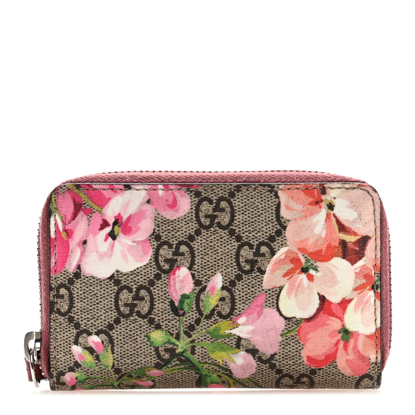 GG Supreme Monogram Blooms Zip Around Card Case Wallet Beige Multicolor Dry Rose