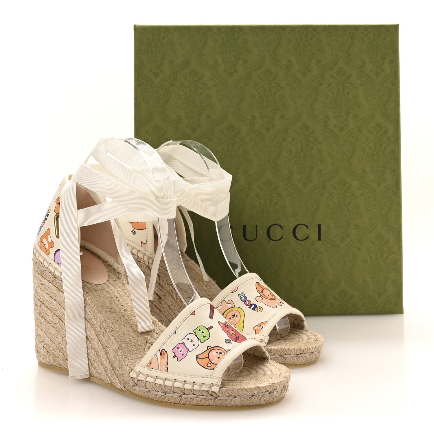 Gucci Miro Soft Calfskin Printed Ankle Wrap Platform Espadrille Wedge Sandals 38 Ivory Sushi 38 Ivory Sushi 9 of 9