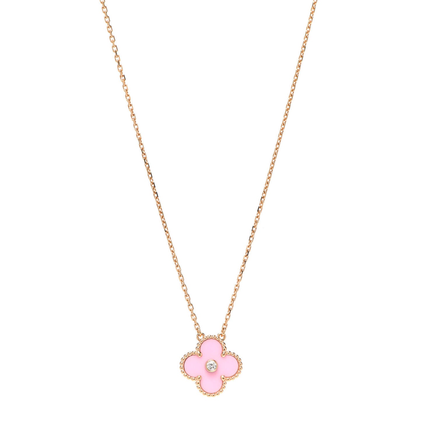 18K Rose Gold Diamond Pink Porcelain Vintage Alhambra Pendant Necklace