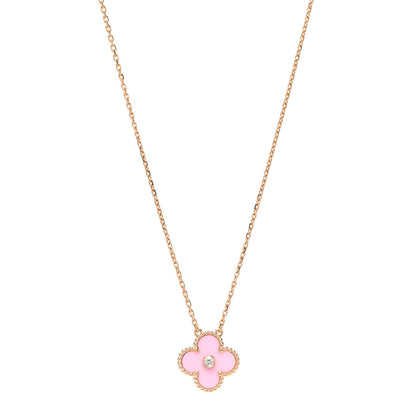 Van Cleef & Arpels 18K Rose Gold Diamond Pink Porcelain Vintage Alhambra Pendant Necklace 1 of 9