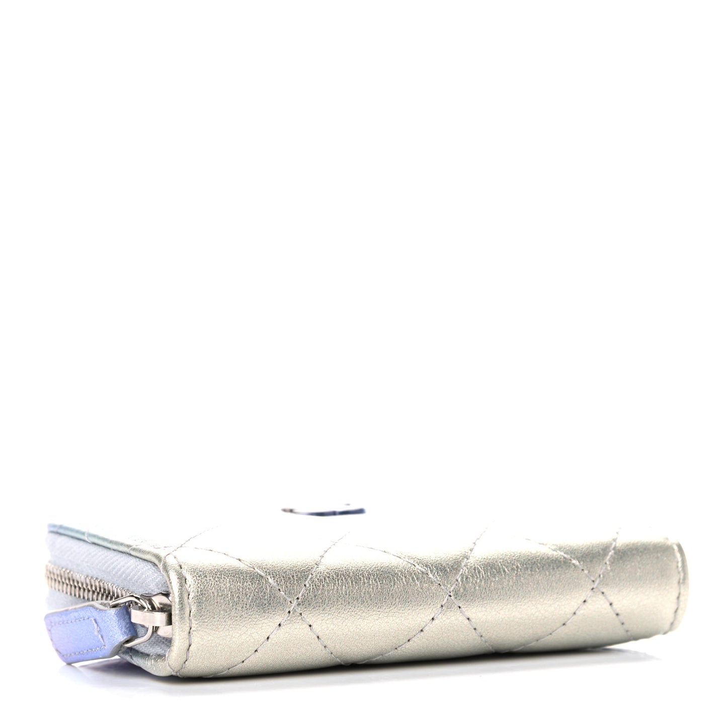 Gradient Metallic Calfskin Quilted Zip Around Coin Purse Wallet Silver Blue Yellow Purple