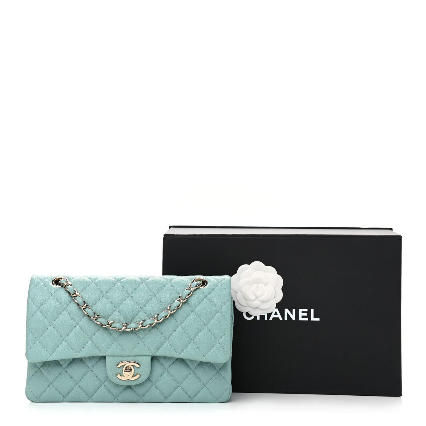 Caviar Quilted Medium Double Flap Light Blue