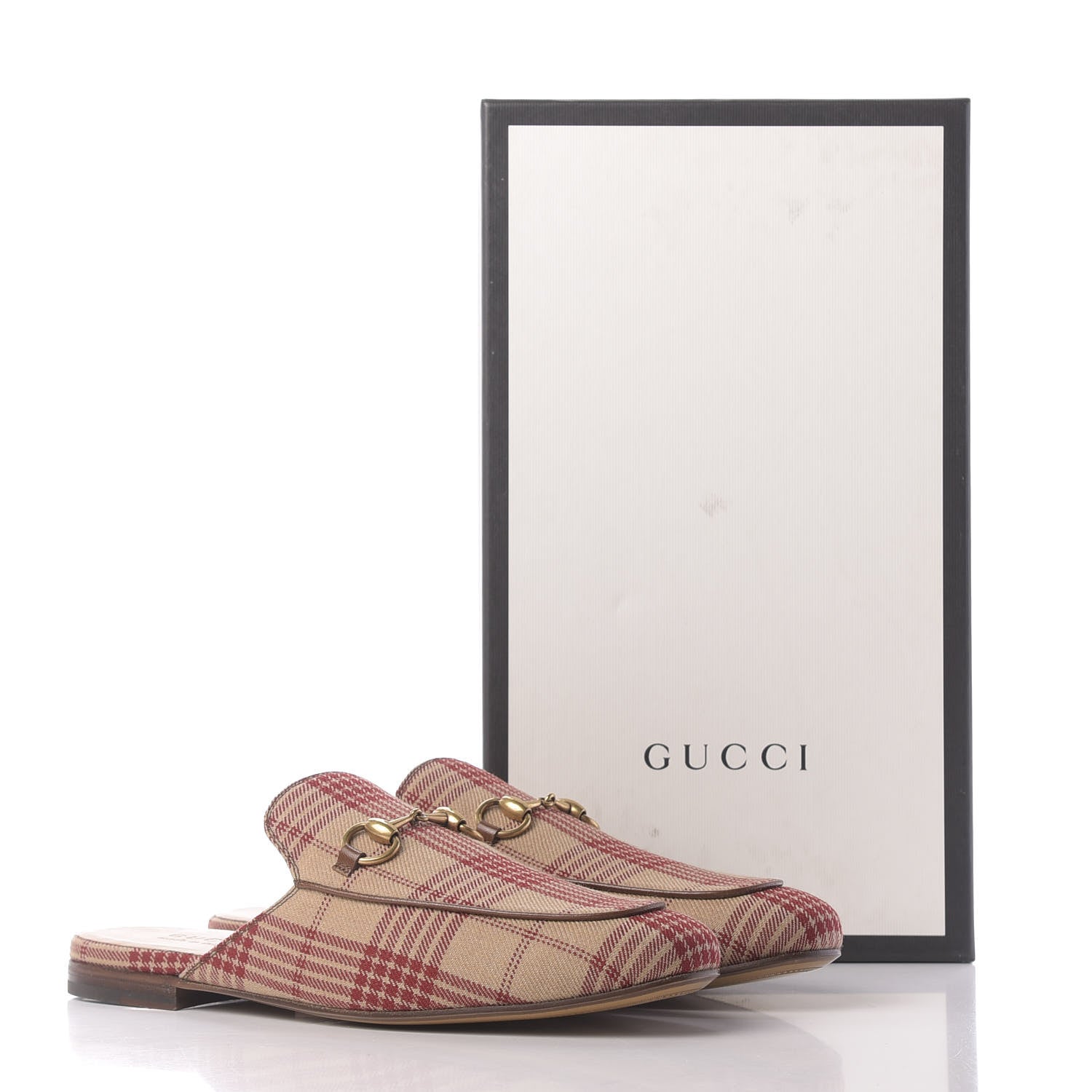 Gucci Canvas Tartan Mens Princetown Slippers 8.5 Camel Red Cuir 11 of 11