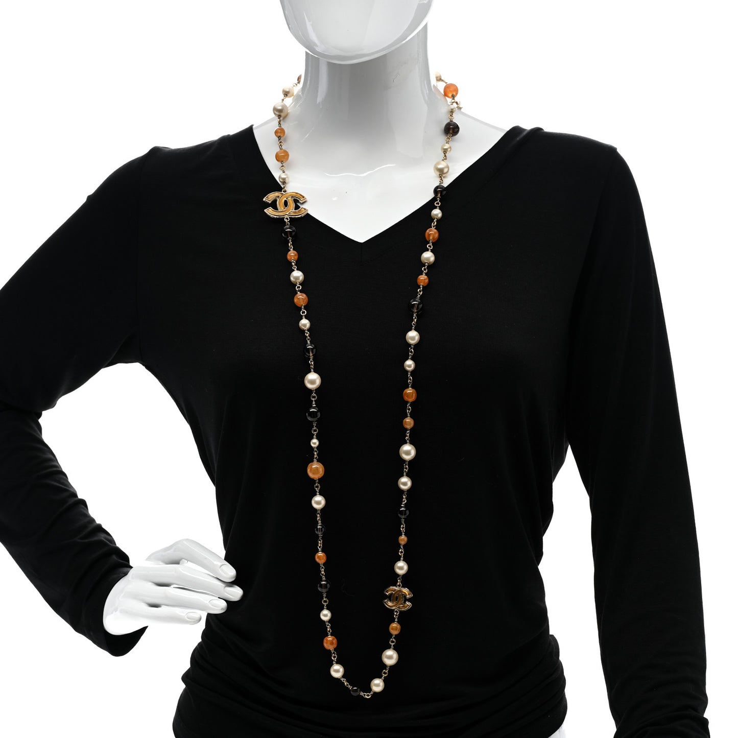 Enamel Bead Pearl CC Long Necklace Brown Gold