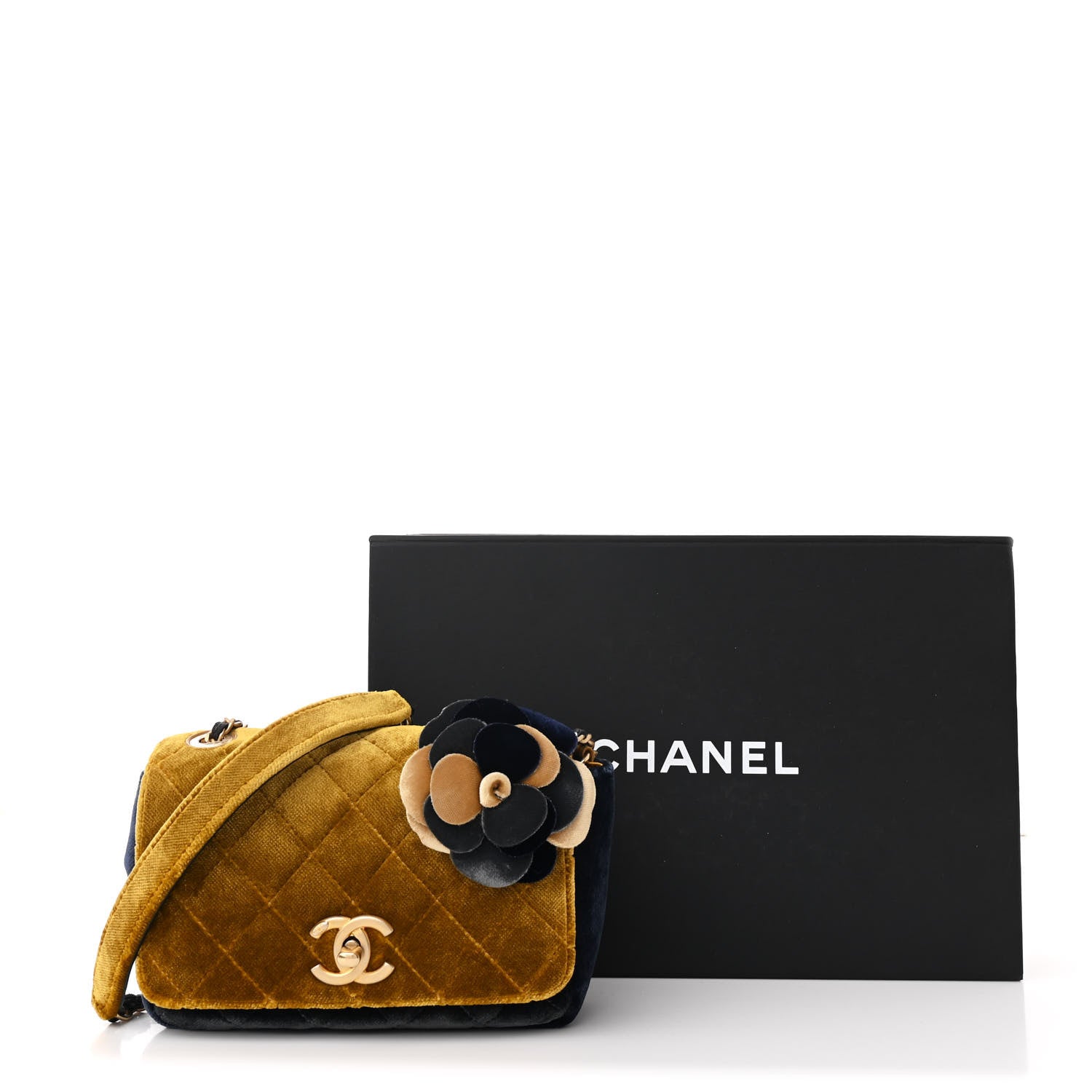 Chanel Velvet Quilted Small Camellia Flap Yellow Navy Charcoal 12 of 12
