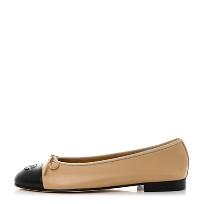 Chanel Lambskin Cap Toe CC Ballerina Flats 39.5 Beige Black 1 of 9