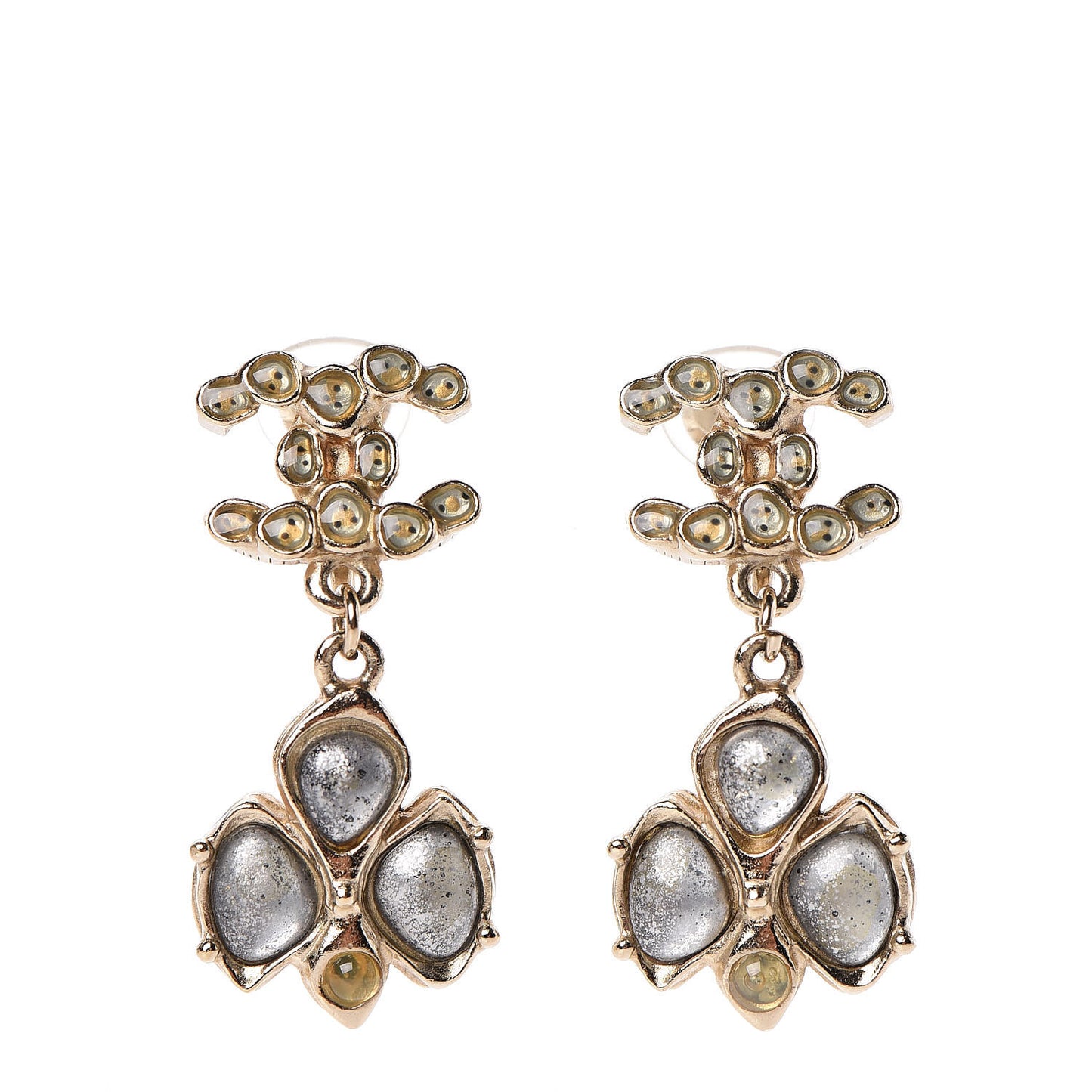 Resin CC Drop Clip On Earrings Grey Gold
