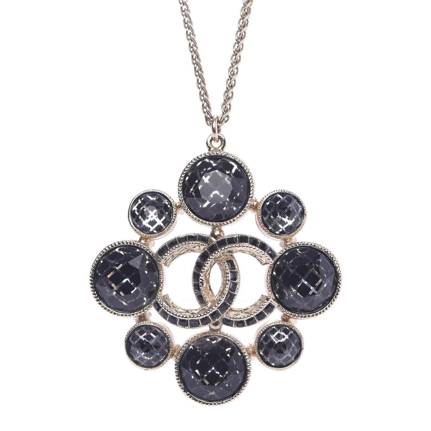 Gripoix Poured Glass Crystal CC Pendant Necklace Black Gold
