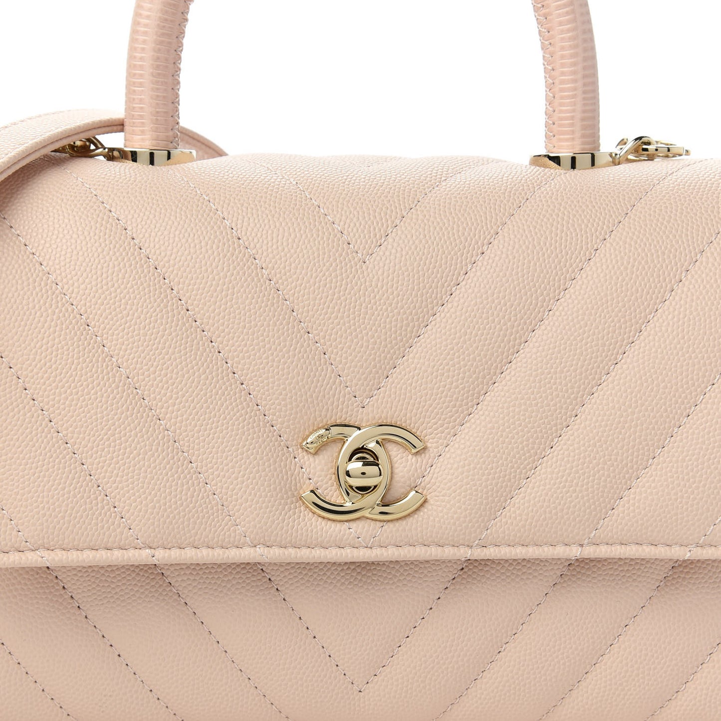 Caviar Lizard Embossed Chevron Quilted Mini Coco Handle Flap Beige